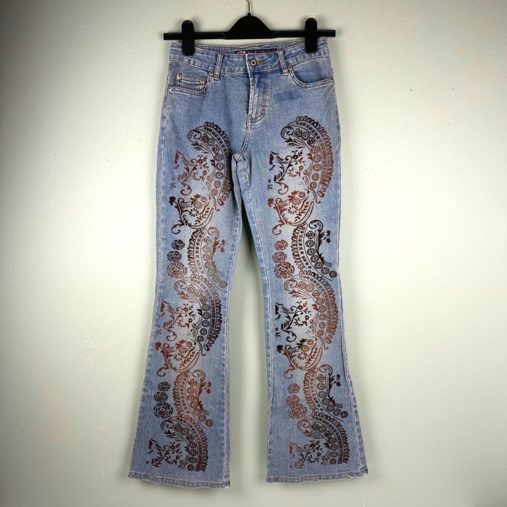 One Tuff Babe OTB Flocked Velvet Paisley Flare Jeans‎ Light Wash Blue Size 5 Y2K